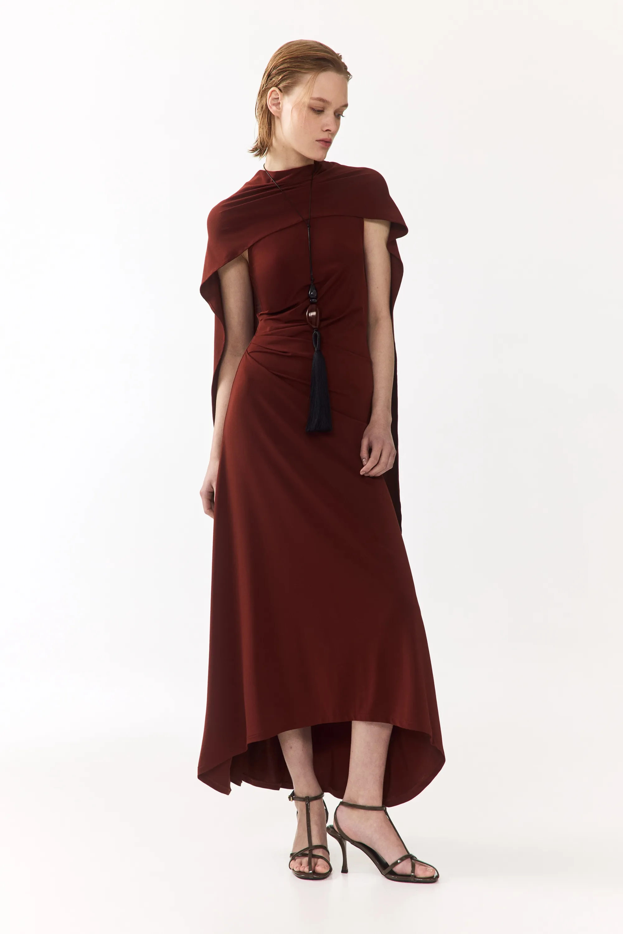 Robe à effet drapé avec écharpe - Brun rouille