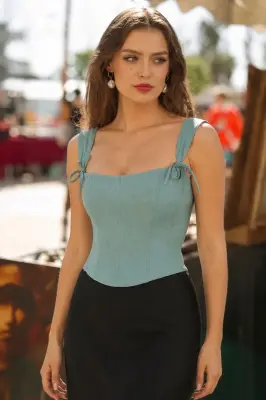 Jeanette Linen Corset Top - Turquoise — photo 1