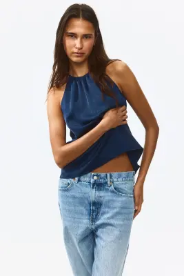 Top froissé en satin - Bleu marine — photo 2