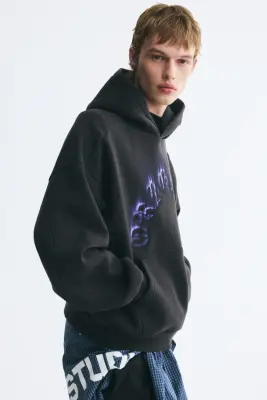 Hoodie imprimé Oversized Fit - Noir délavé/Original — photo 3