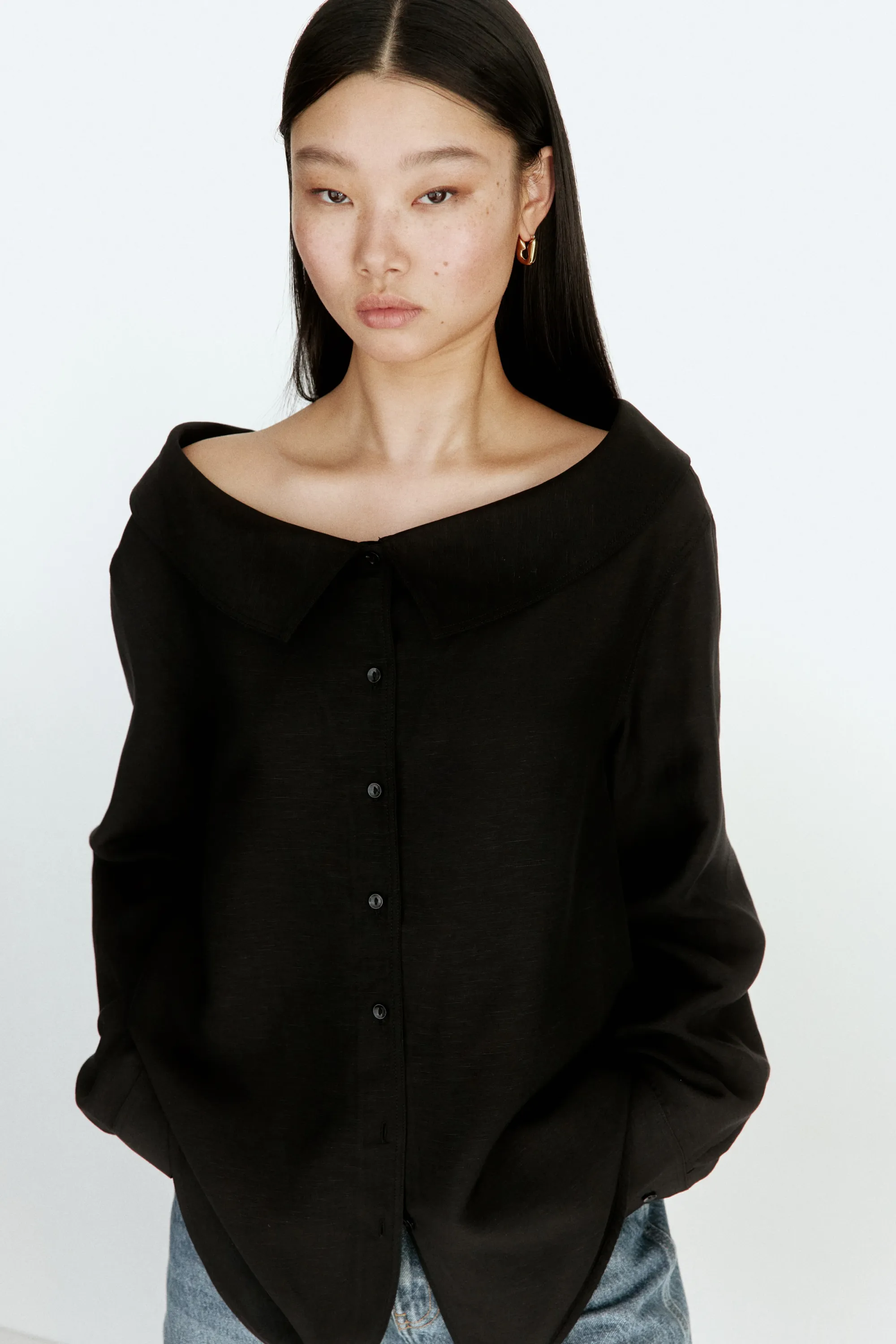 Chemise épaules nues en lin mélangé - Noir