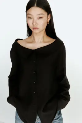 Chemise épaules nues en lin mélangé - Noir — photo 1