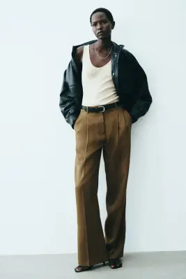 Pantalon chic en lin mélangé - Vert olive foncé — photo 2