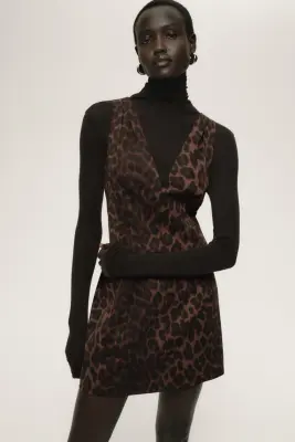 Robe cintrée à encolure en V - Marron/imprimé léopard — photo 1