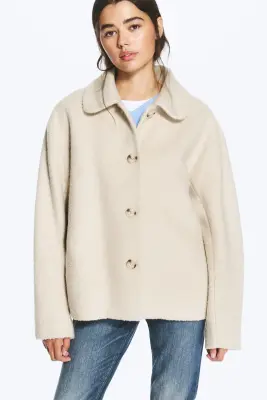 Veste carrée boutonnée en laine mélangée - Crème poudré — photo 2