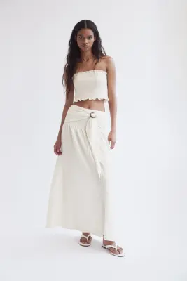 Jupe froissée avec ceinture à nouer - Crème — photo 2