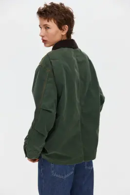 Oversized corduroy-collar jacket - Vert foncé — photo 3