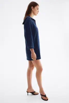 Robe en denim avec col marin - Bleu denim foncé — photo 4