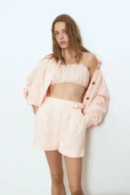 Veste en coton avec broderie anglaise - Rose clair — photo 1