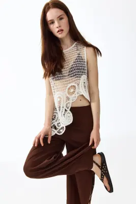 Pantalon en lin mélangé avec perles fantaisie - Marron — photo 2