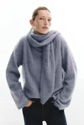 Pull en laine brossée avec foulard - Bleu ancien clair — photo 3