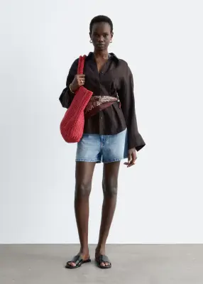 Chemise en lin plissée à la taille - Marron foncé — photo 3
