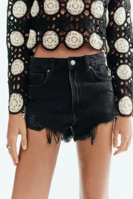 Short en denim à effet usé - Noir — photo 2