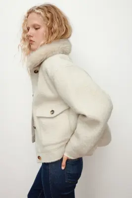 Veste en twill avec col duveteux - Beige clair — photo 3