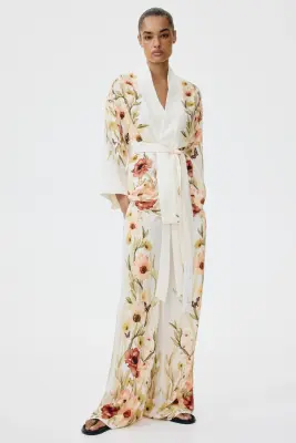 Veste oversize avec ceinture à nouer - Crème/fleuri — photo 1