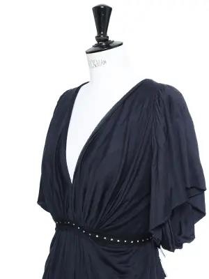Robe de cocktail drapée en soie et laine gris bleu, ceinture cristal Prix boutique 2000€ Taille 38 — photo 2
