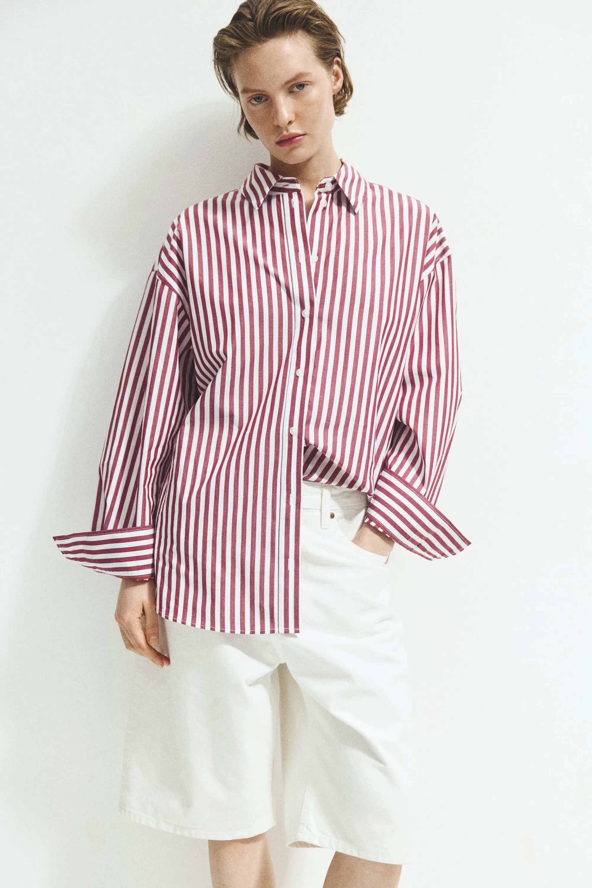 Chemise oversize en popeline - Rouge foncé/rayé