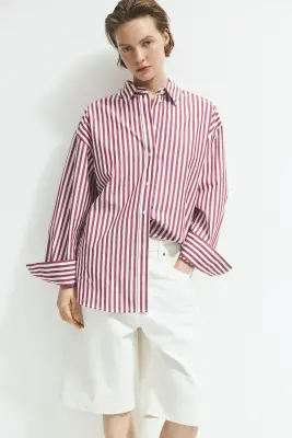 Chemise oversize en popeline - Rouge foncé/rayé — photo 1