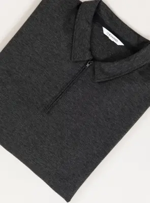 Long Sleeve Zipped Poloshirt in Heather Dark Gray Technical Knit — photo 3