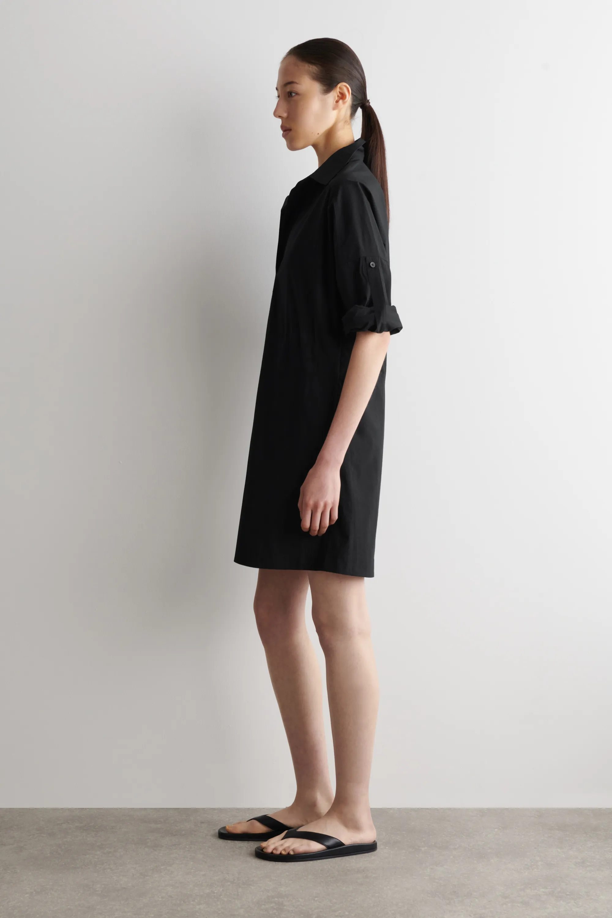 ROBE-CHEMISE MANCHES COURTES EN POPELINE DE COTON - NOIR