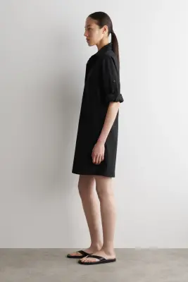 ROBE-CHEMISE MANCHES COURTES EN POPELINE DE COTON - NOIR — photo 1