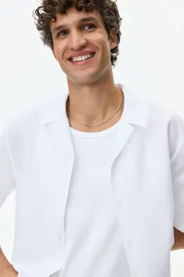 Chemise Relaxed Fit en lin mélangé avec col cubain - Blanc — photo 1