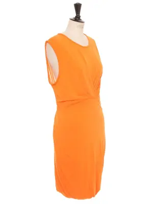 Robe sans manche col rond drapé et cintrée en jersey orange vif Prix boutique 300€ Taille L — photo 2
