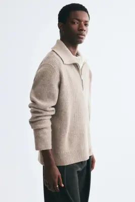 Pull Regular Fit en laine avec col zippé - Beige — photo 3