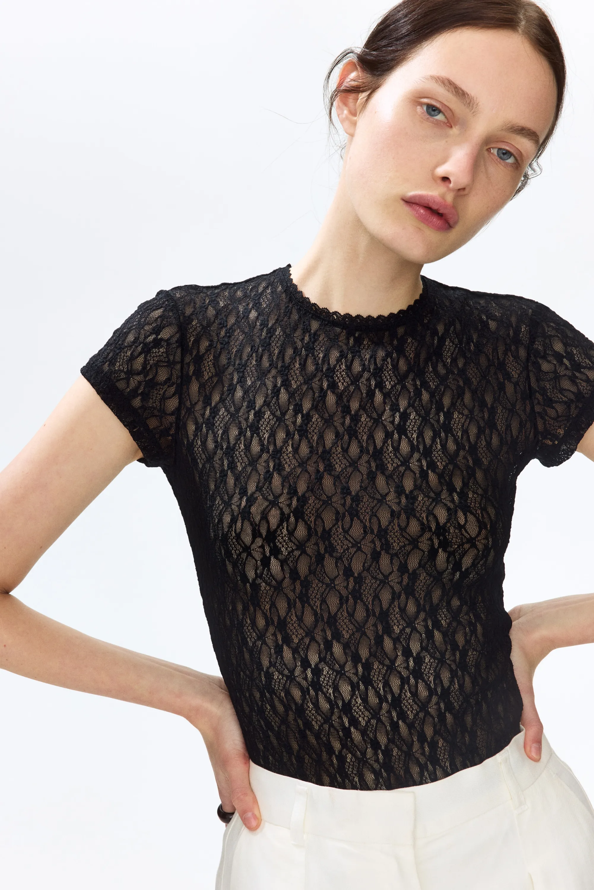 Body string en jersey façon dentelle - Noir