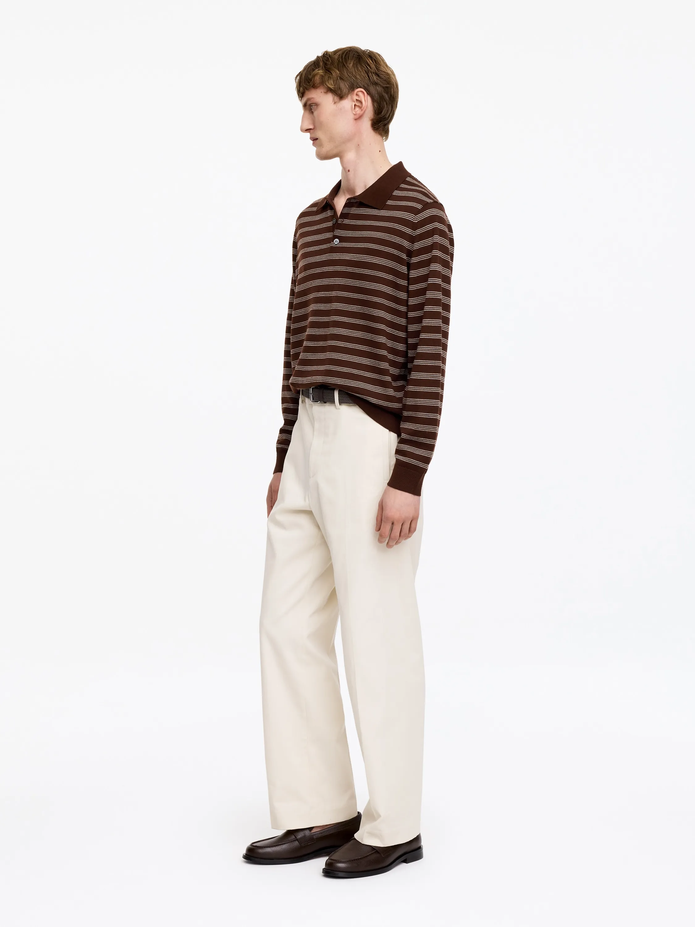 Pull polo en laine mérinos - Marron/Rayures