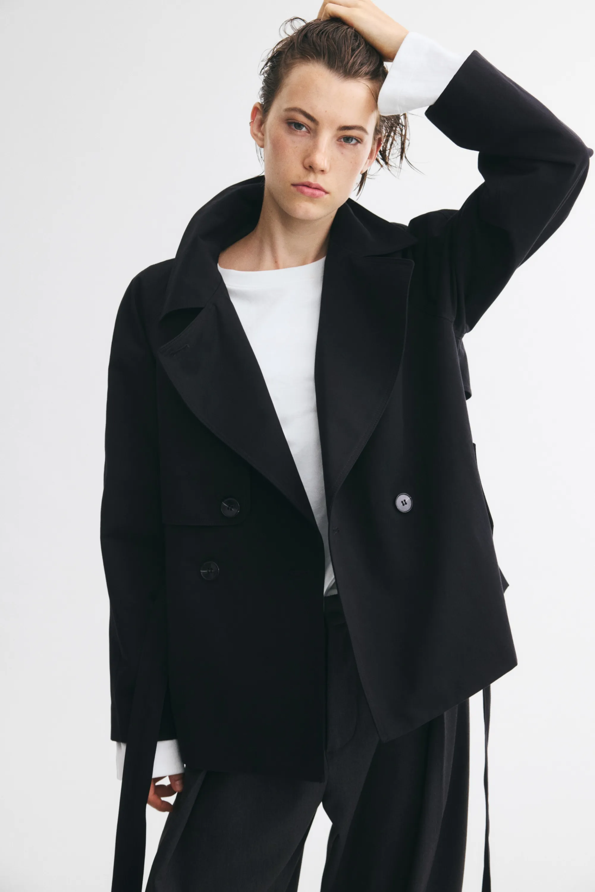 Trench-coat court avec ceinture à nouer - Noir