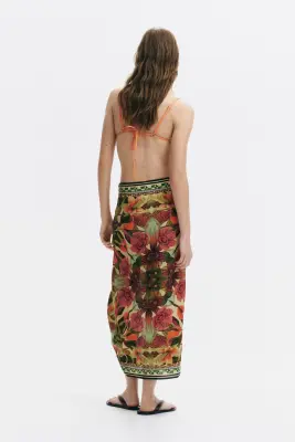 Jupe midi avec détail drapé - Orange vif/fleuri — photo 3