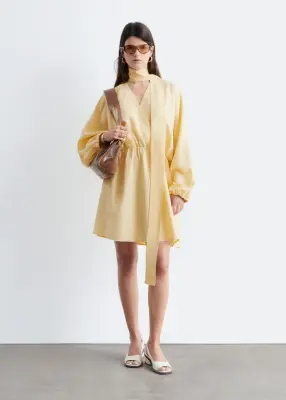 Robe portefeuille courte avec foulard - Jaune — photo 2