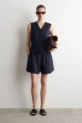 GILET EN LIN À FINITION BRODÉE - BLEU MARINE — photo 1