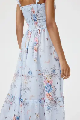 Robe volantée avec corsage smocké - Bleu clair/fleuri — photo 3
