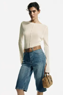 Short Bermuda en denim avec ceinture - Bleu denim — photo 1