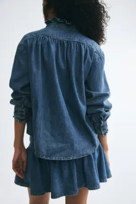 Blouse à volants ruchés - Bleu denim — photo 3