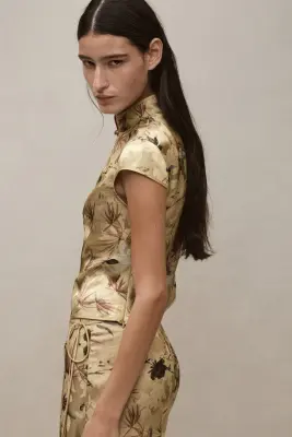 Top en tissu jacquard avec fente goutte d'eau - Jaune ancien clair/fleuri — photo 2