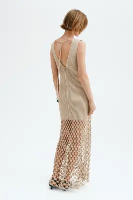 Robe en maille côtelée avec liens à nouer - Beige clair — photo 1