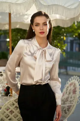 Lena Silk Bow Blouse - Cream — photo 3