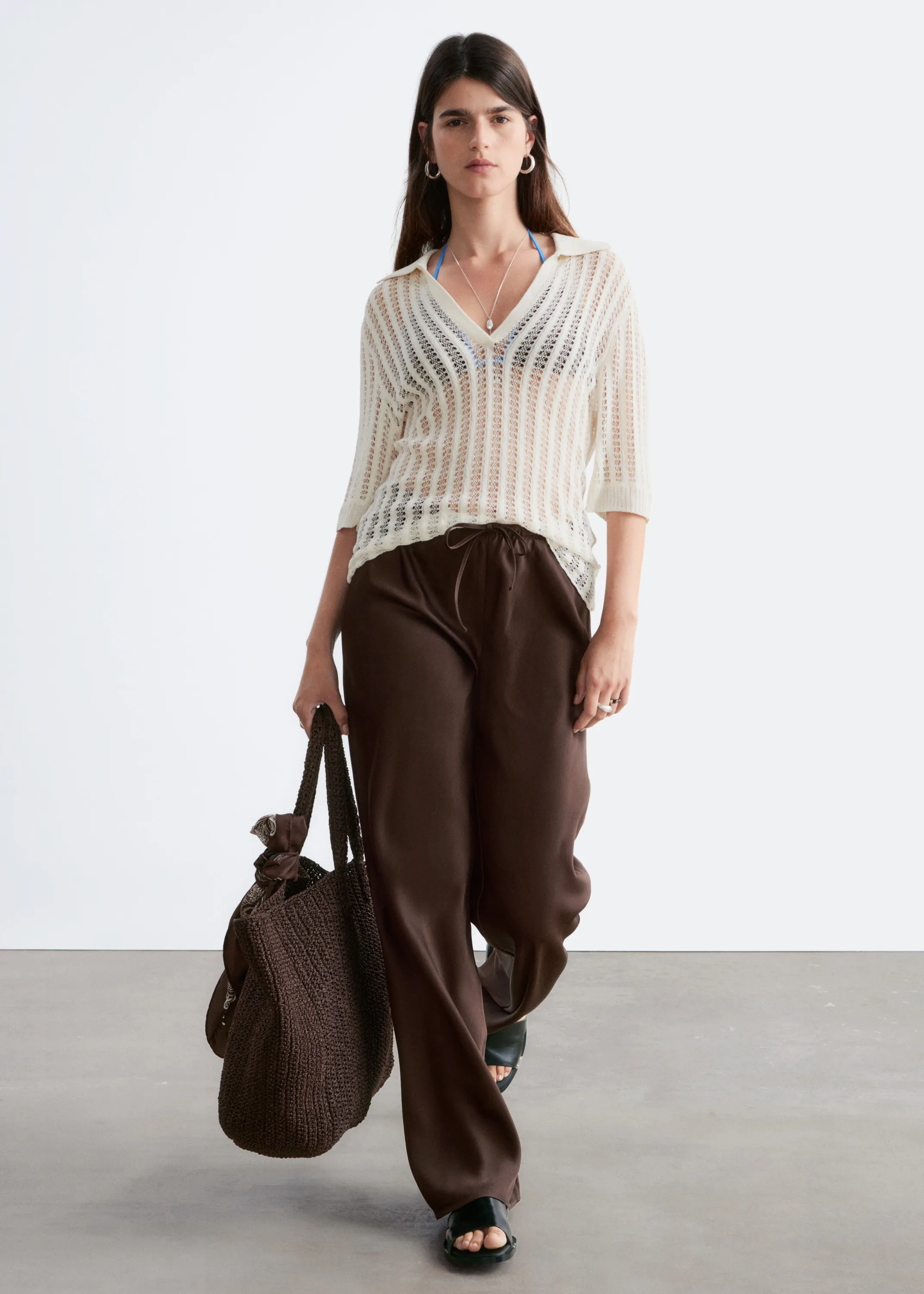 Pantalon en satin à enfiler - Marron foncé