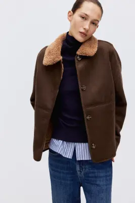 Veste avec col en tissu Teddy bear - Marron foncé — photo 2