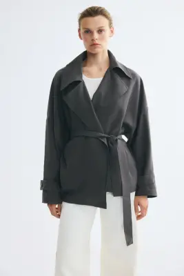 Trench-coat court en lyocell mélangé - Gris foncé — photo 1