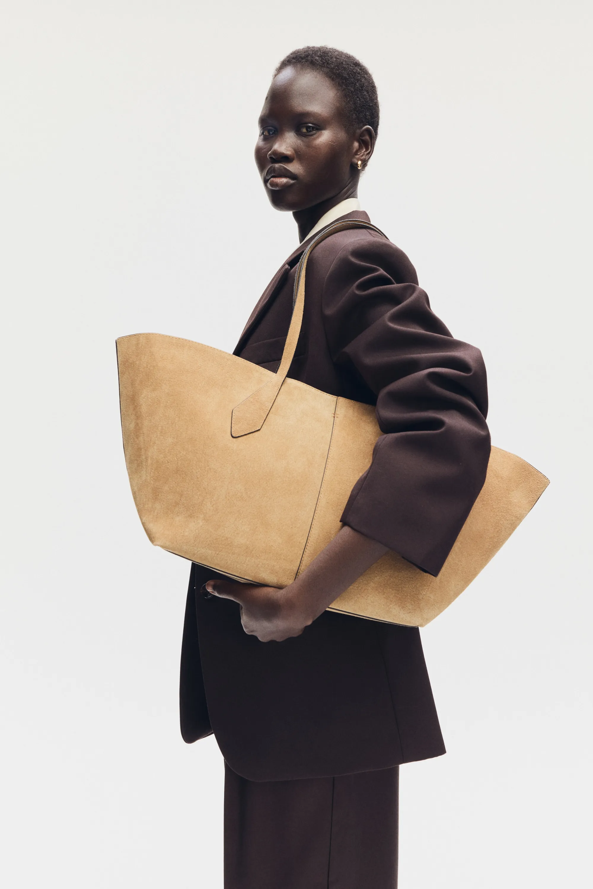 Sac shopping en cuir velours - Beige foncé