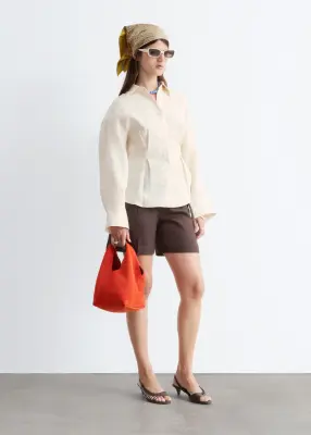 Chemise en lin plissée à la taille - Beige clair — photo 4