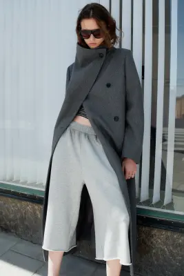 Manteau oversize à col cheminée en mélange de laine - Dark Grey Melange — photo 2