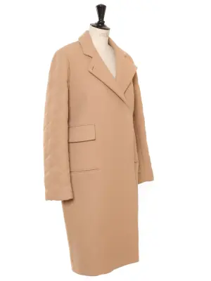 Manteau long droit col V manches matelassées en laine marron camel Prix boutique 2500€ Taille 36/38 — photo 3