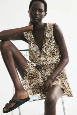 Combi-short volanté en viscose mélangée - Beige clair/imprimé léopard — photo 2
