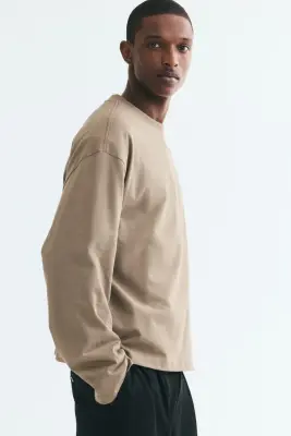 T-shirt à manches longues Oversized Fit en jersey - Beige foncé — photo 2