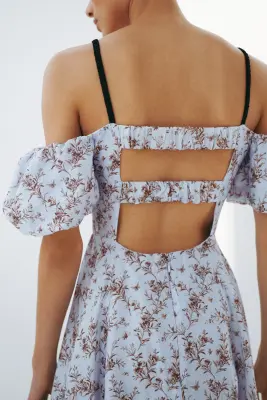 Robe épaules dénudées en lin mélangé - Bleu clair/fleuri — photo 2